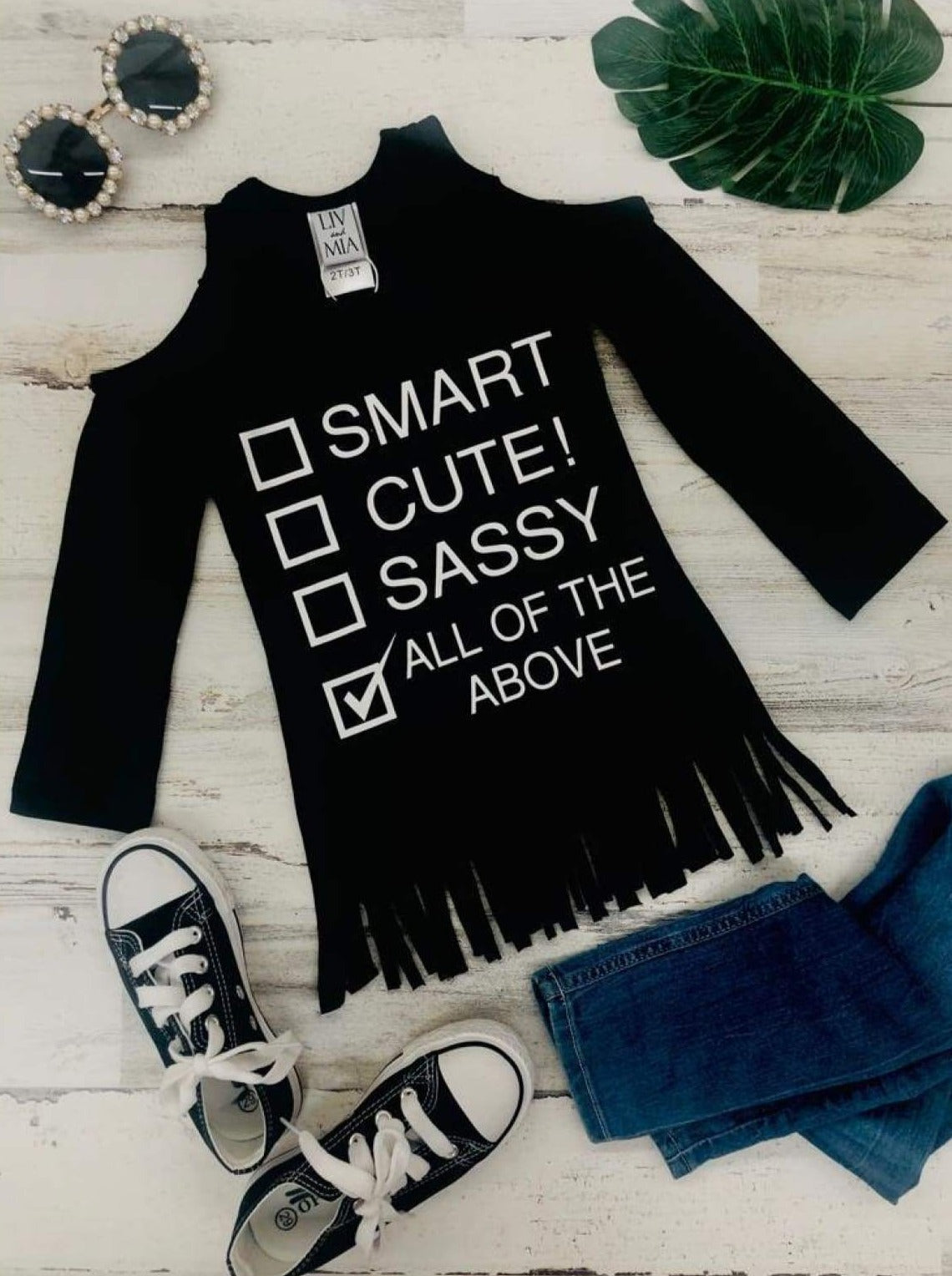 Girls Smart Cute Sassy All of the Above Checklist Cold Shoulder Fringe Graphic Statement Top - Girls Fall Top