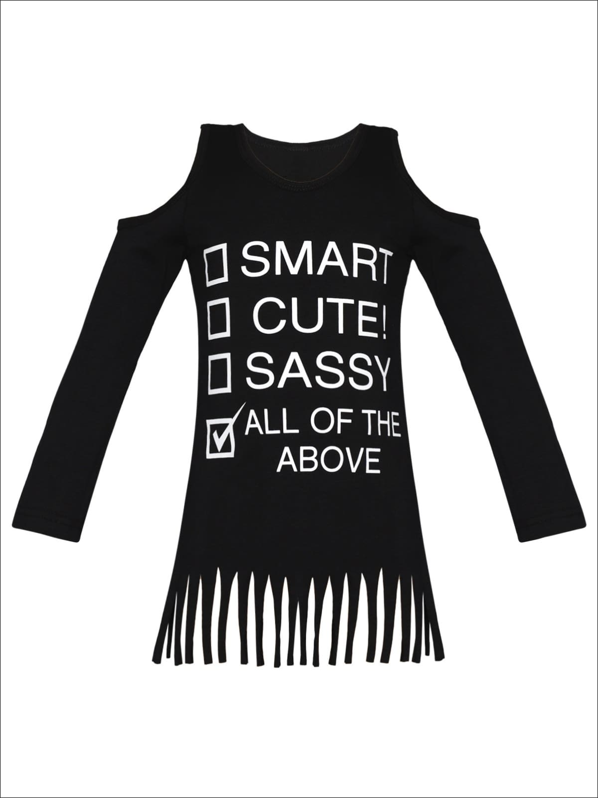 Girls Smart Cute Sassy All of the Above Checklist Cold Shoulder Fringe Graphic Statement Top - Black / 2T/3T - Girls Fall Top