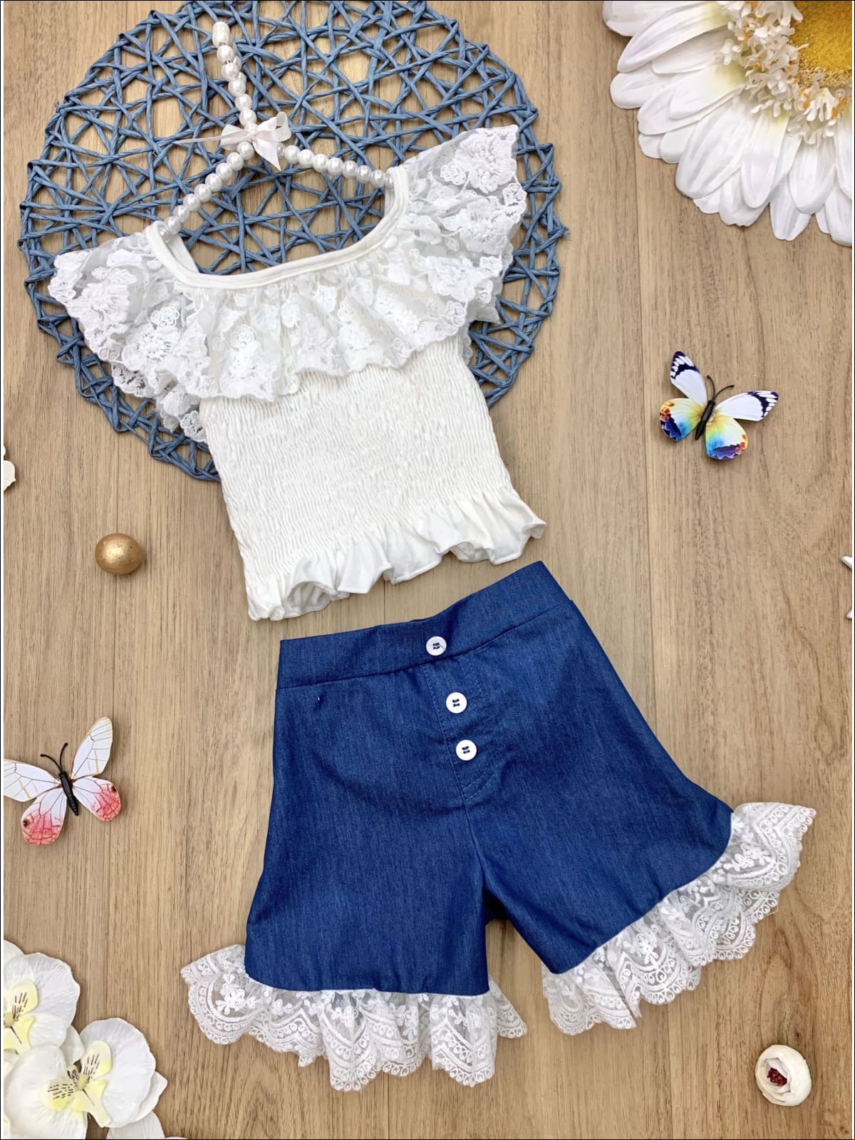 Girls Smocked Lace Ruffled Top and Denim Button Shorts Set - White / 2T/3T - Girls Spring Casual Set