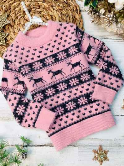 Cozy Winter Sweaters | Girls Cable Knit Reindeer Heart Holiday Sweater