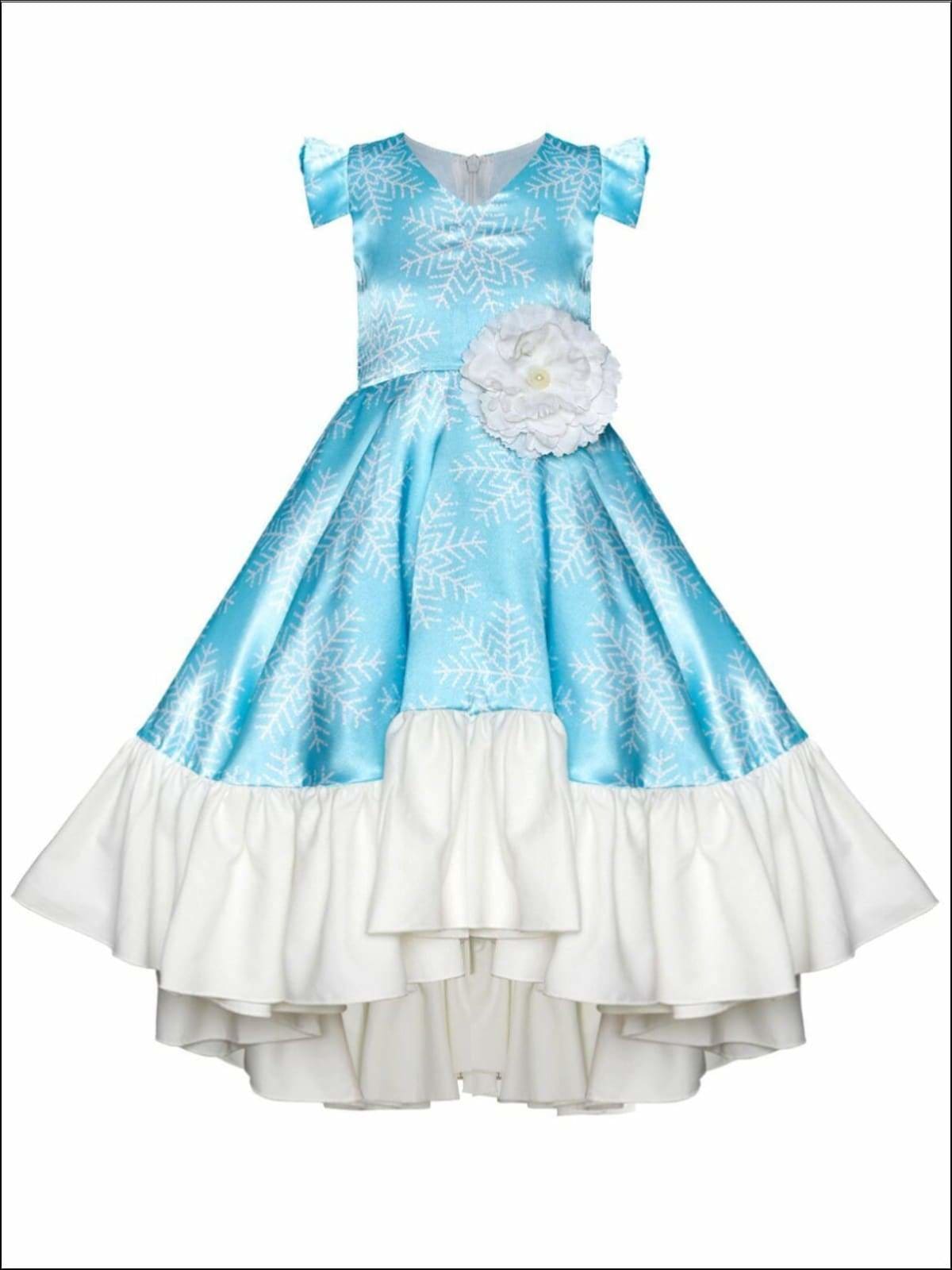 Girls Snowflake Flutter Sleeve Hi-Lo Princess Elsa Inspired Holiday Dress - Blue / 2T/3T - Girls Fall Dressy Dress