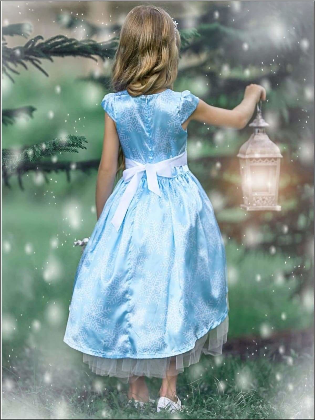 Mia Belle Girls Snowflake Cap Sleeve Hi-Lo Holiday Dress