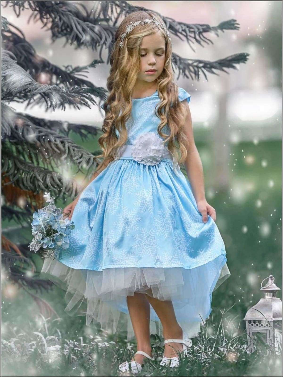 Mia Belle Girls Snowflake Cap Sleeve Hi-Lo Holiday Dress