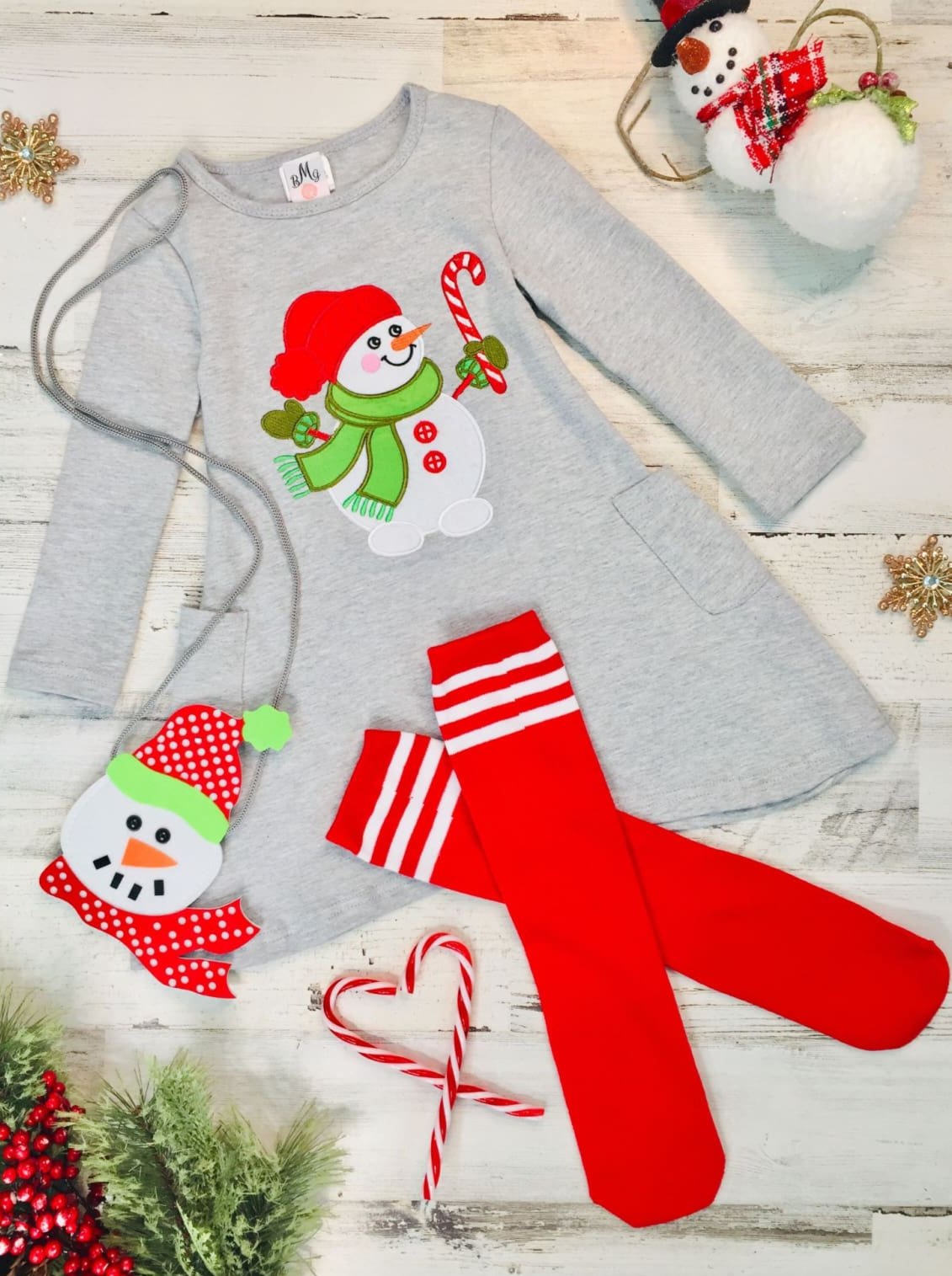 Girls Snowman Pocket Dress Purse and Socks Set - Grey / 2T - Girls Christmas Dress