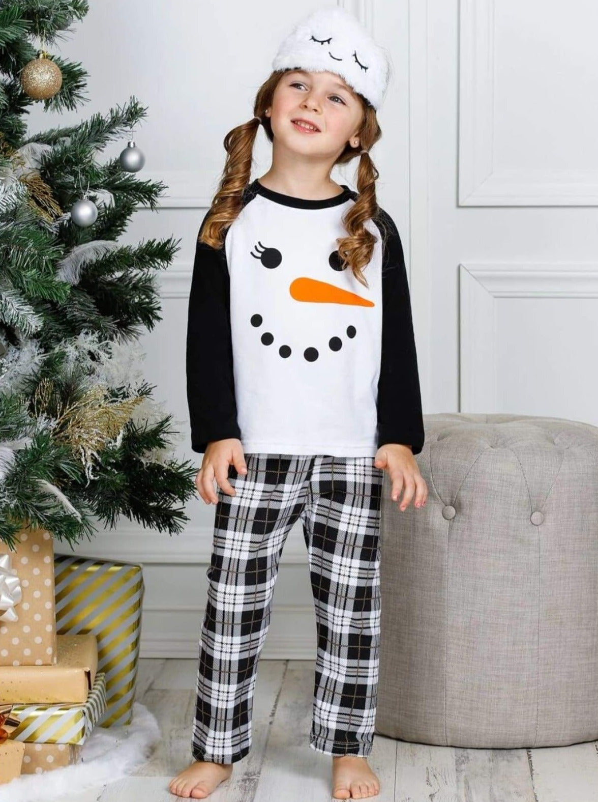 Girls Snowman Raglan Top and Plaid Pants Pajama Set - Girls Pajama
