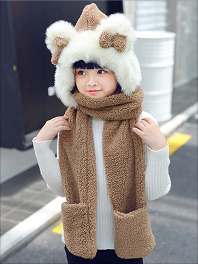 Girls Soft Plush Bear Ear Winter Hat with Neck Scarf - Brown - Girls Hats