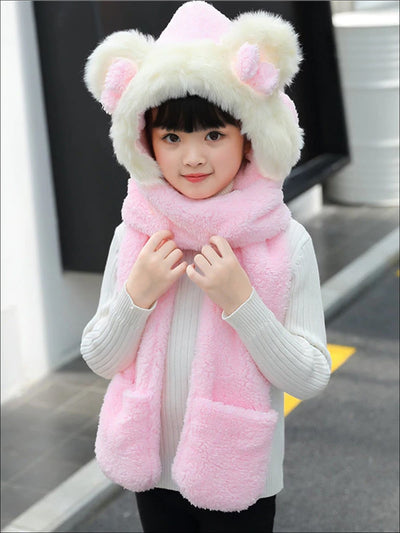 Girls Soft Plush Bear Ear Winter Hat with Neck Scarf - Pink - Girls Hats
