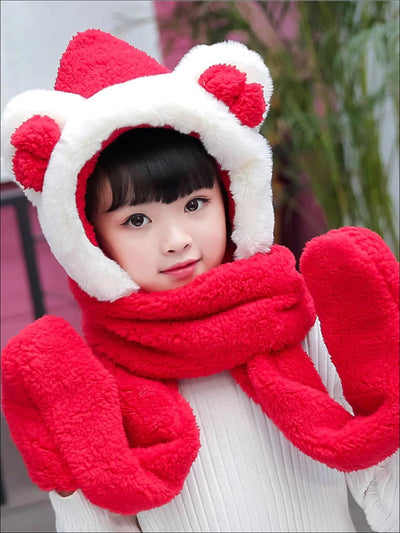 Girls Soft Plush Bear Ear Winter Hat with Neck Scarf - Red - Girls Hats