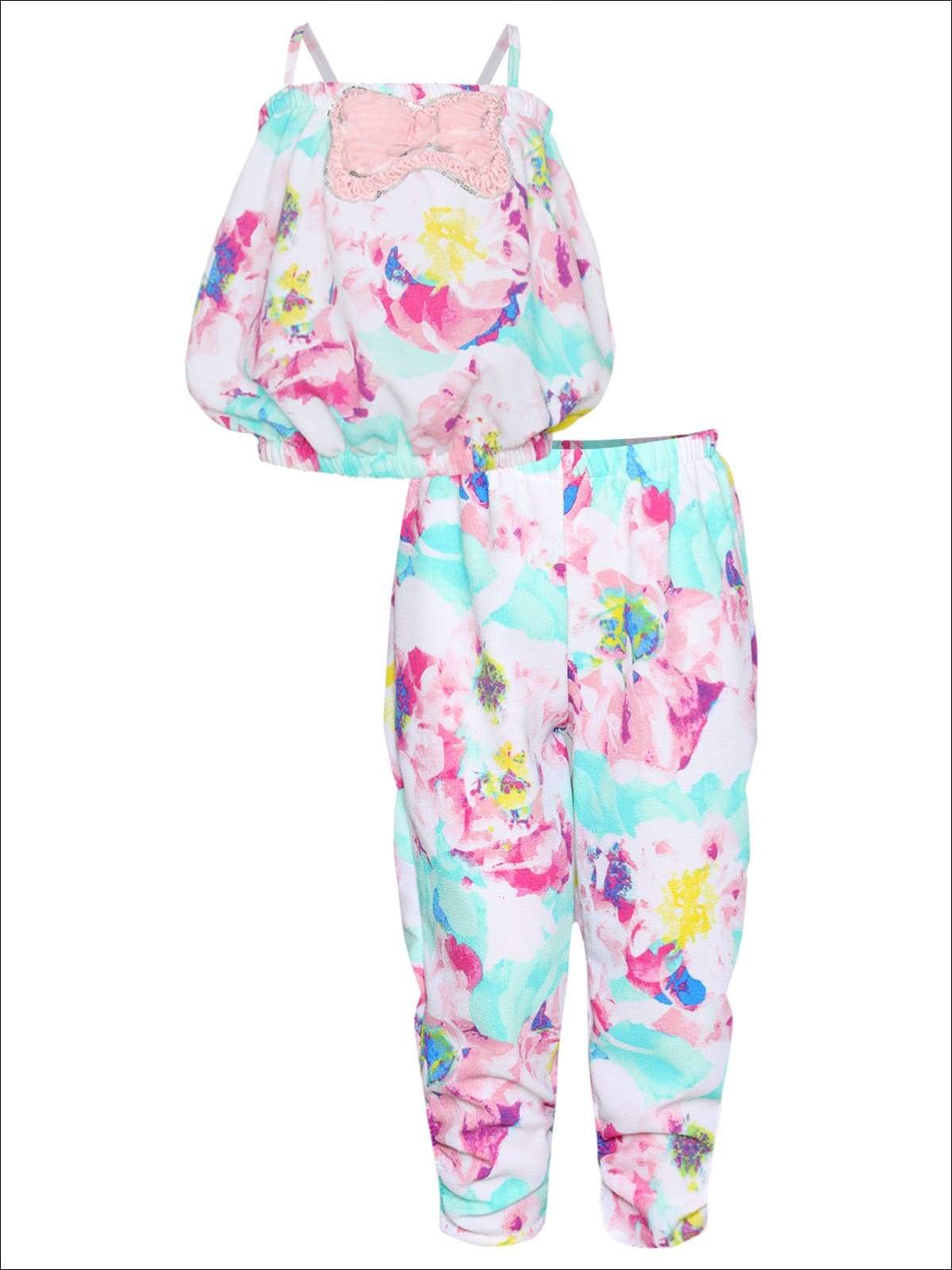 Girls Spaghetti Strap Bubble Top & Capri Pants Set - Pink / 2T/3T - Girls Spring Casual Set
