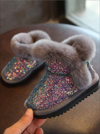 Girls Sparkle Furry Ankle Boots - Gray / 5.5 - Girls Boots