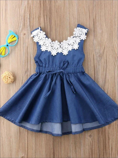 Girls Spring Dresses | Flower Lace Embroidered Chambray Ruffle Dress