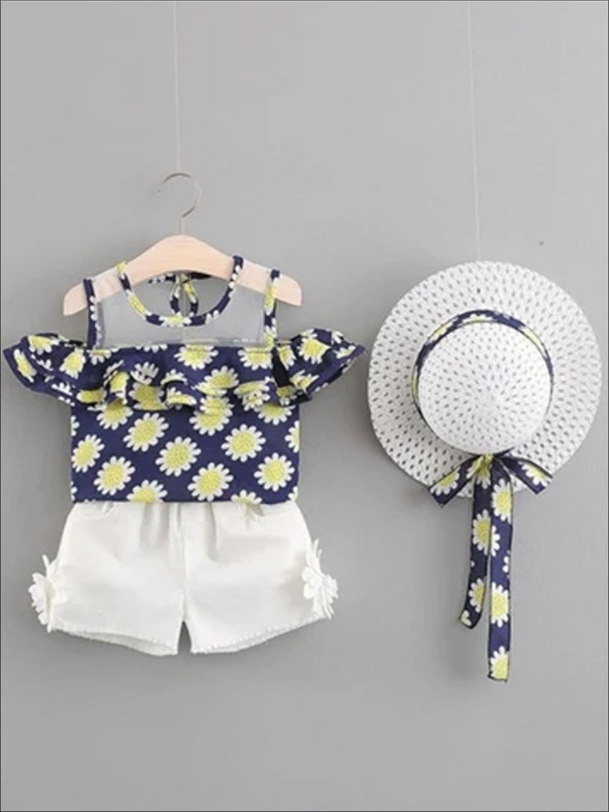 Girls Spring Floral Print Tunic & White Shorts Set with Matching Hat - Blue / 2T - Girls Spring Casual Set