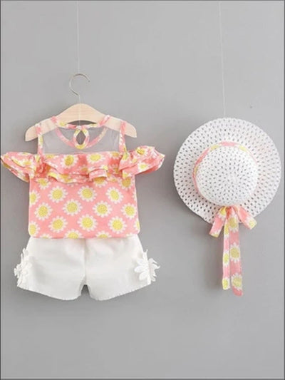Girls Spring Floral Print Tunic & White Shorts Set with Matching Hat - Pink / 2T - Girls Spring Casual Set