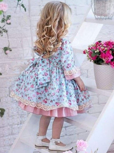 Girls Spring Floral Print Vintage Style Baby-Doll Dress - Blue / 2T - Girls Spring Dressy Dress