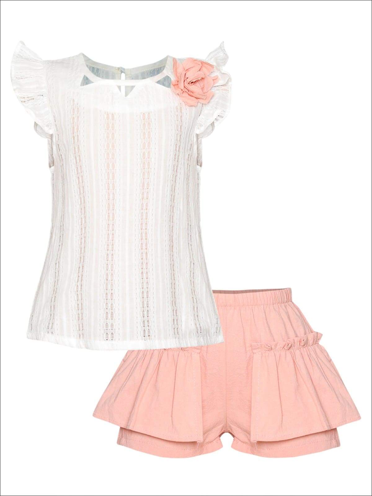 Girls Spring Ruffled Sleeve Blouse & Shorts Set - Pink / 2T - Girls Spring Casual Set