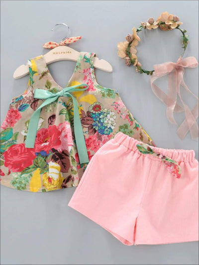Little Girls Resort Wear | Sleeveless Floral Top & Pink Shorts Set