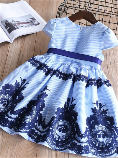 Toddler Spring Dresses | Girls Blue Pinstripe Embroidered Lace Dress