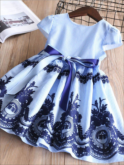 Toddler Spring Dresses | Girls Blue Pinstripe Embroidered Lace Dress