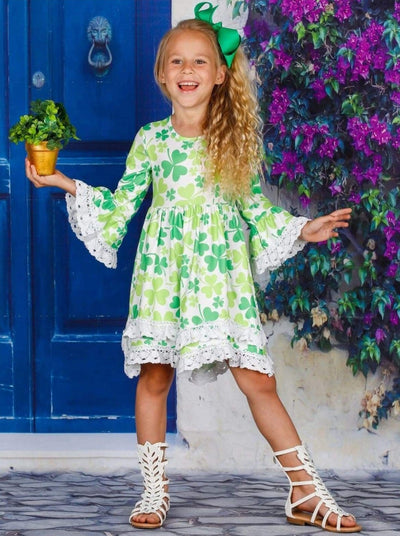 Girls St. Patrick's Day Clover Flared Sleeve Crochet 2-Tier Dress - Girls St. Patrick's Dress