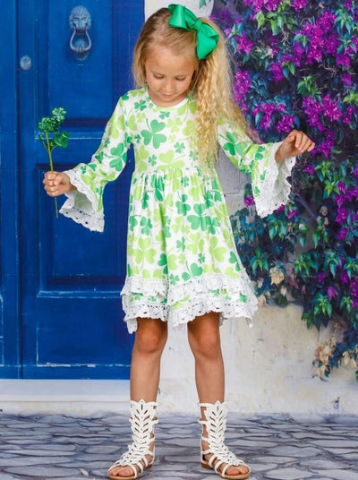 Girls St. Patrick's Day Clover Flared Sleeve Crochet 2-Tier Dress - Girls St. Patrick's Dress
