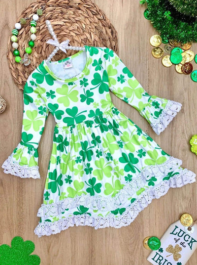 Girls St. Patrick's Day Clover Flared Sleeve Crochet 2-Tier Dress - Green / 2T - Girls St. Patrick's Dress