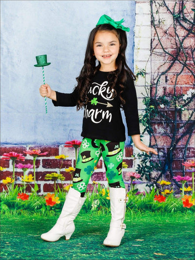 St. Patrick's Day Outfit | Girls Lucky Charm Top & Clover Legging Set