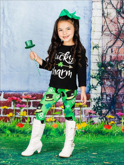 St. Patrick's Day Outfit | Girls Lucky Charm Top & Clover Legging Set