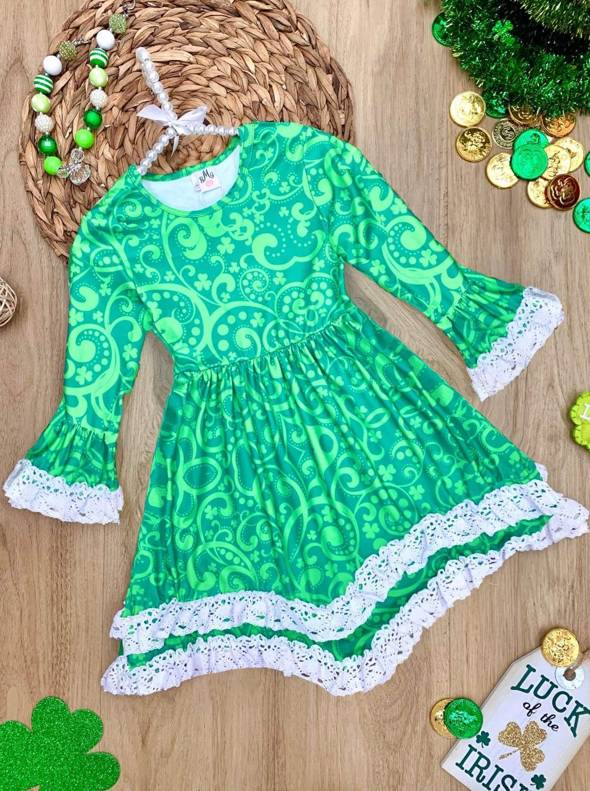Girls St. Patricks Day Paisley Flared Sleeve Crochet 2-Tier Dress - Green / 2T - Girls St. Patricks Dress