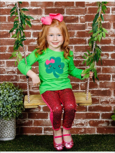 St. Patrick's Day Clothes | Girls Clover Top & Sequin Legging Set