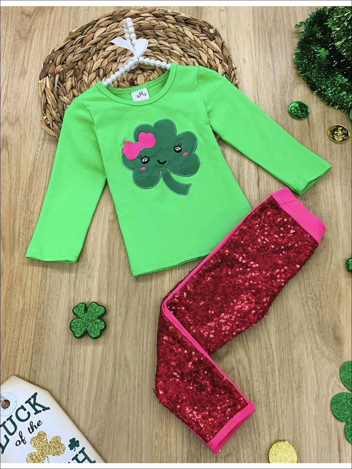 St. Patrick's Day Clothes | Girls Clover Top & Sequin Legging Set