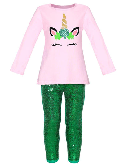 St. Patrick's Day Clothes | Girls Unicorn Top & Sequin Legging Set
