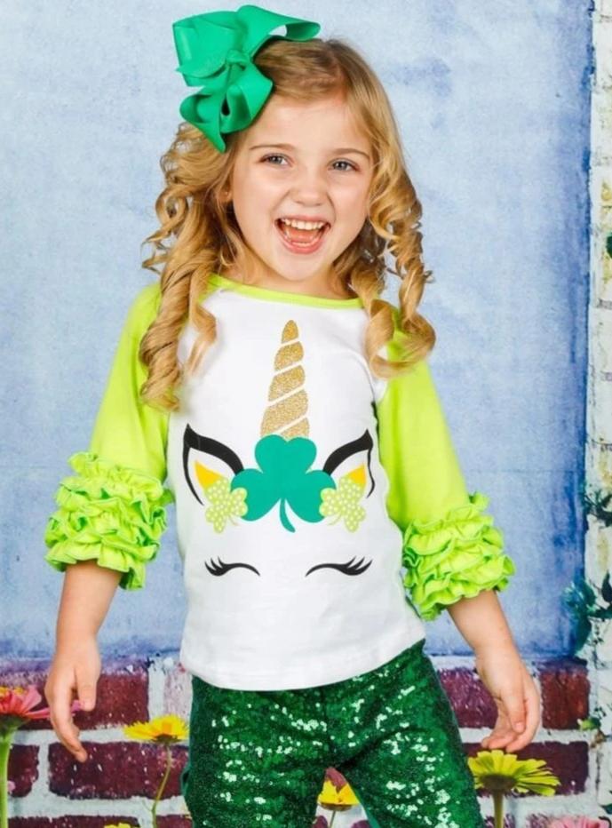 St. Patrick's Day Clothes | Little Girls Unicorn Ruffled Raglan Top