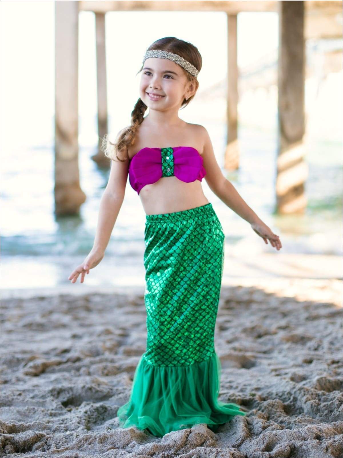 Girls Strapless Ruffled Mermaid Bikini with Tail Skirt Cover Up - Girls Mermaid Swimsuit