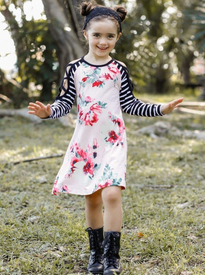 Girls Strappy Cold Shoulder Long Sleeve Floral Dress - Girls Fall Casual Dress