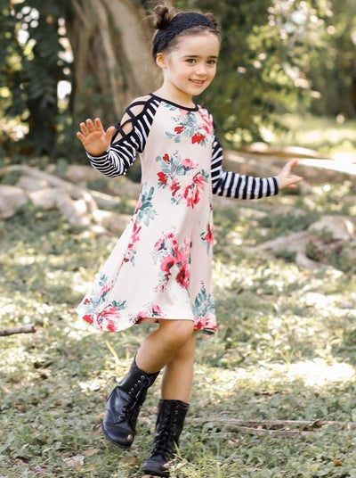 Girls Strappy Cold Shoulder Long Sleeve Floral Dress - Pink / 2T - Girls Fall Casual Dress