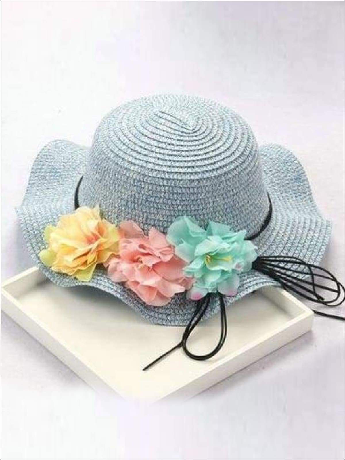 Girls Straw Floral Bow Knot Hat - Blue / 2 to 8 years - Hats & Caps