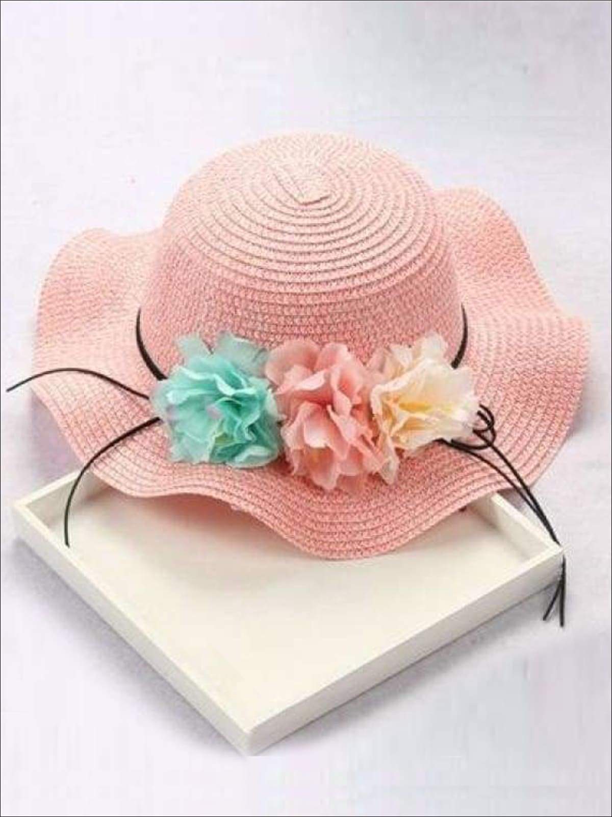 Girls Straw Floral Bow Knot Hat - Blush / 2 to 8 years - Hats & Caps
