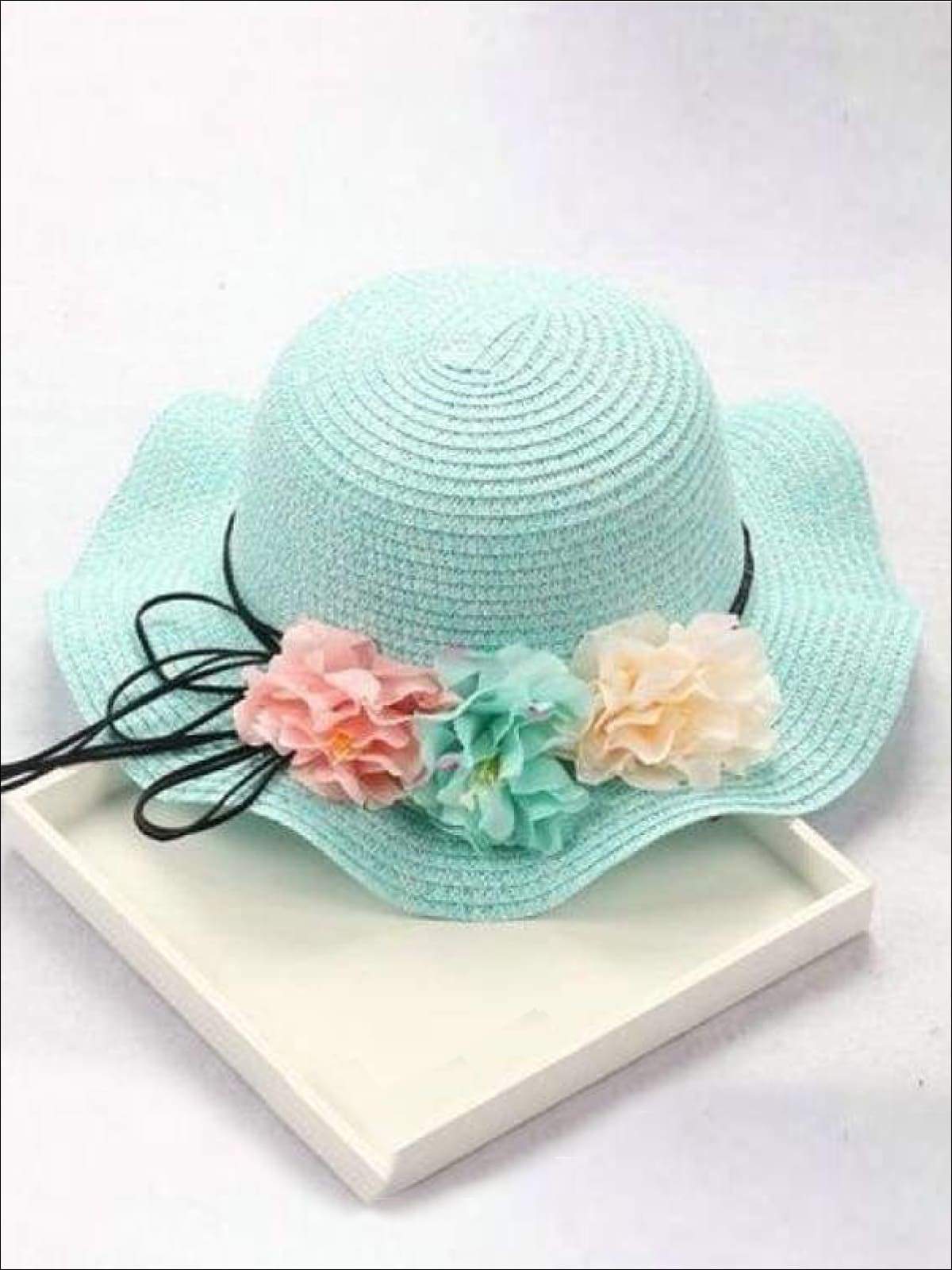 Girls Straw Floral Bow Knot Hat - Mint / 2 to 8 years - Hats & Caps