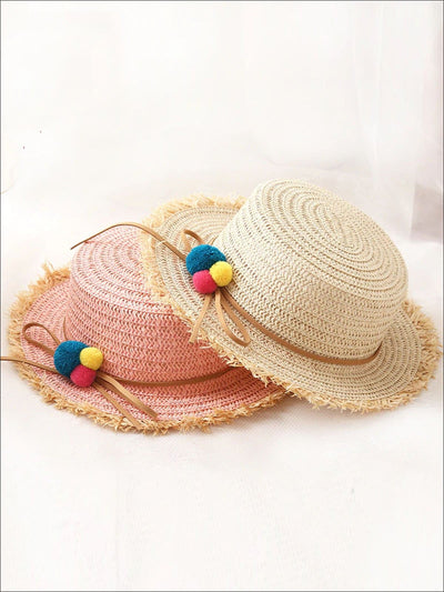 Girls Straw Hat with Leather Strap and Pom Poms - Girls Hats