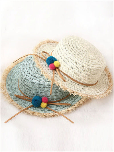 Girls Straw Hat with Leather Strap and Pom Poms - Girls Hats