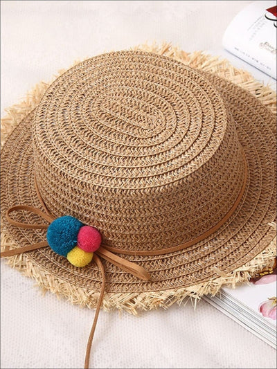 Girls Straw Hat with Leather Strap and Pom Poms - Beige - Girls Hats