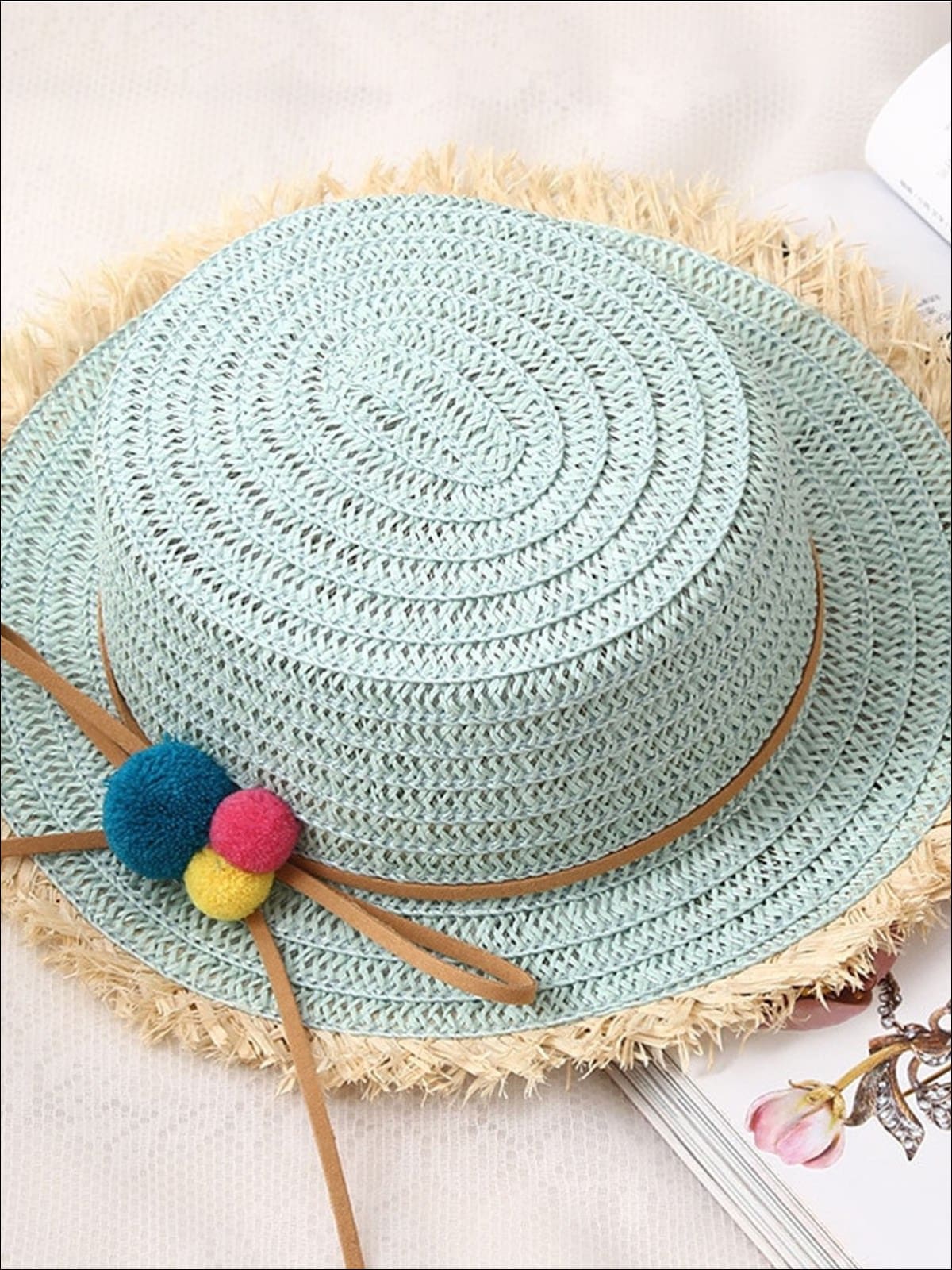 Girls Straw Hat with Leather Strap and Pom Poms - Mint - Girls Hats