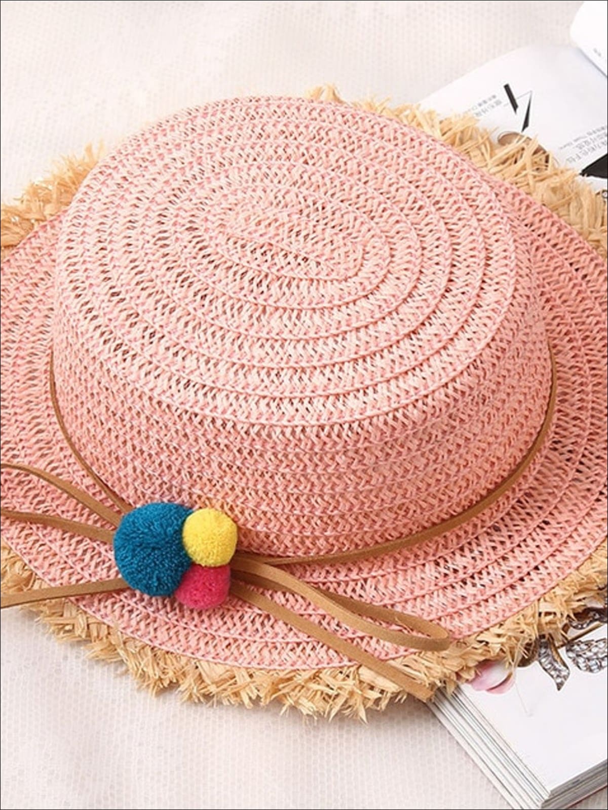 Girls Straw Hat with Leather Strap and Pom Poms - Pink - Girls Hats