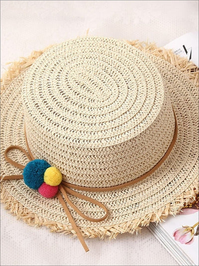 Girls Straw Hat with Leather Strap and Pom Poms - Tan - Girls Hats