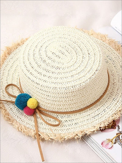 Girls Straw Hat with Leather Strap and Pom Poms - White - Girls Hats