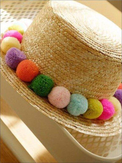 Girls Straw Hat With Plush Rainbow Pompoms - Girls Hats