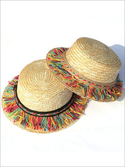 Girls Straw Hat With Rainbow Colored Tassels - Girls Hats