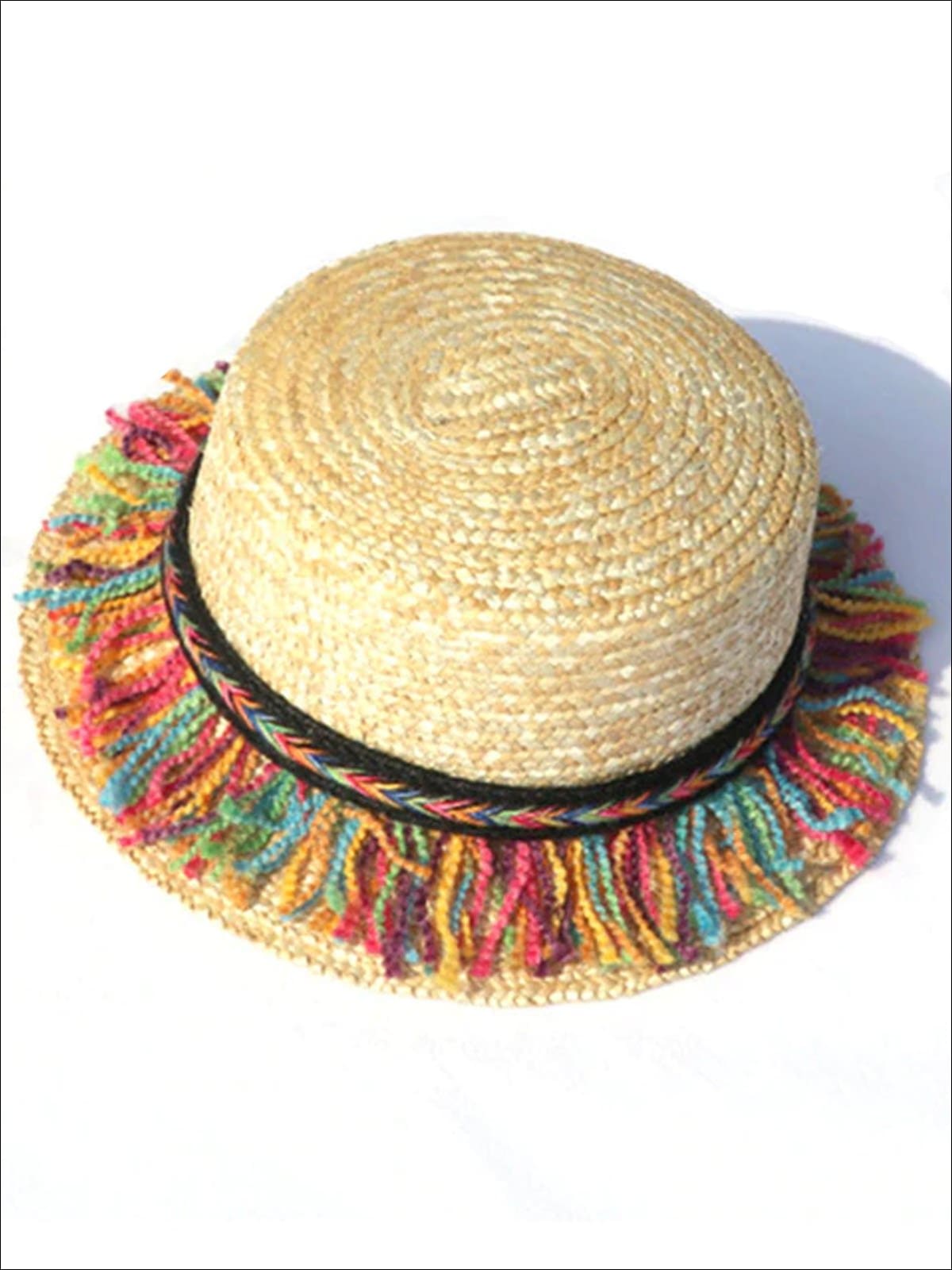 Girls Straw Hat With Rainbow Colored Tassels - Black / One Size - Girls Hats