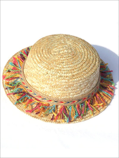 Girls Straw Hat With Rainbow Colored Tassels - Tan / One Size - Girls Hats