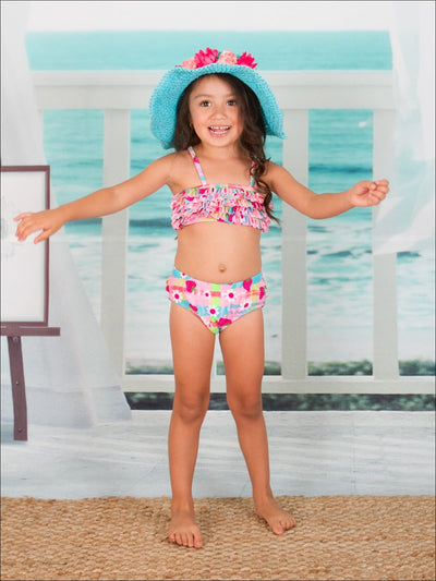 Girls Strawberry Floral Ruffled Two Piece Swimsuit - Girls Two Piece Swimsuit